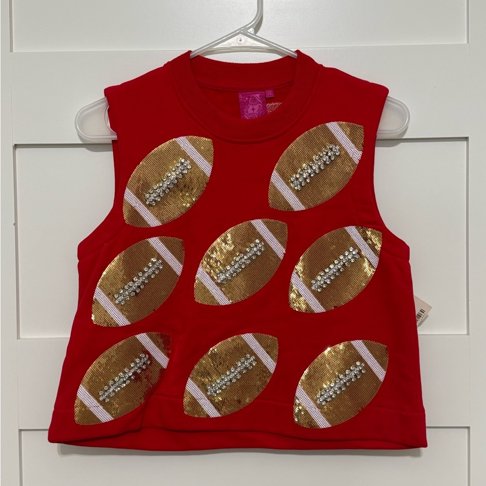 QUEEN OF SPARKLES Red Sequin Football Muscle Tank